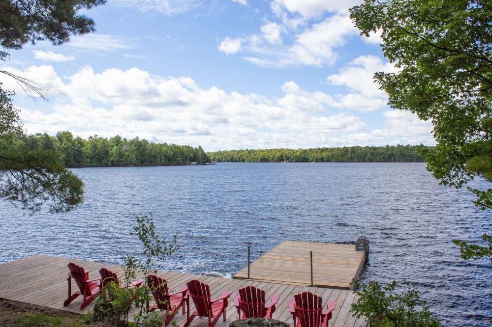 Waterfront view from dock at a lakeside cottage rental in Muskoka Ontario