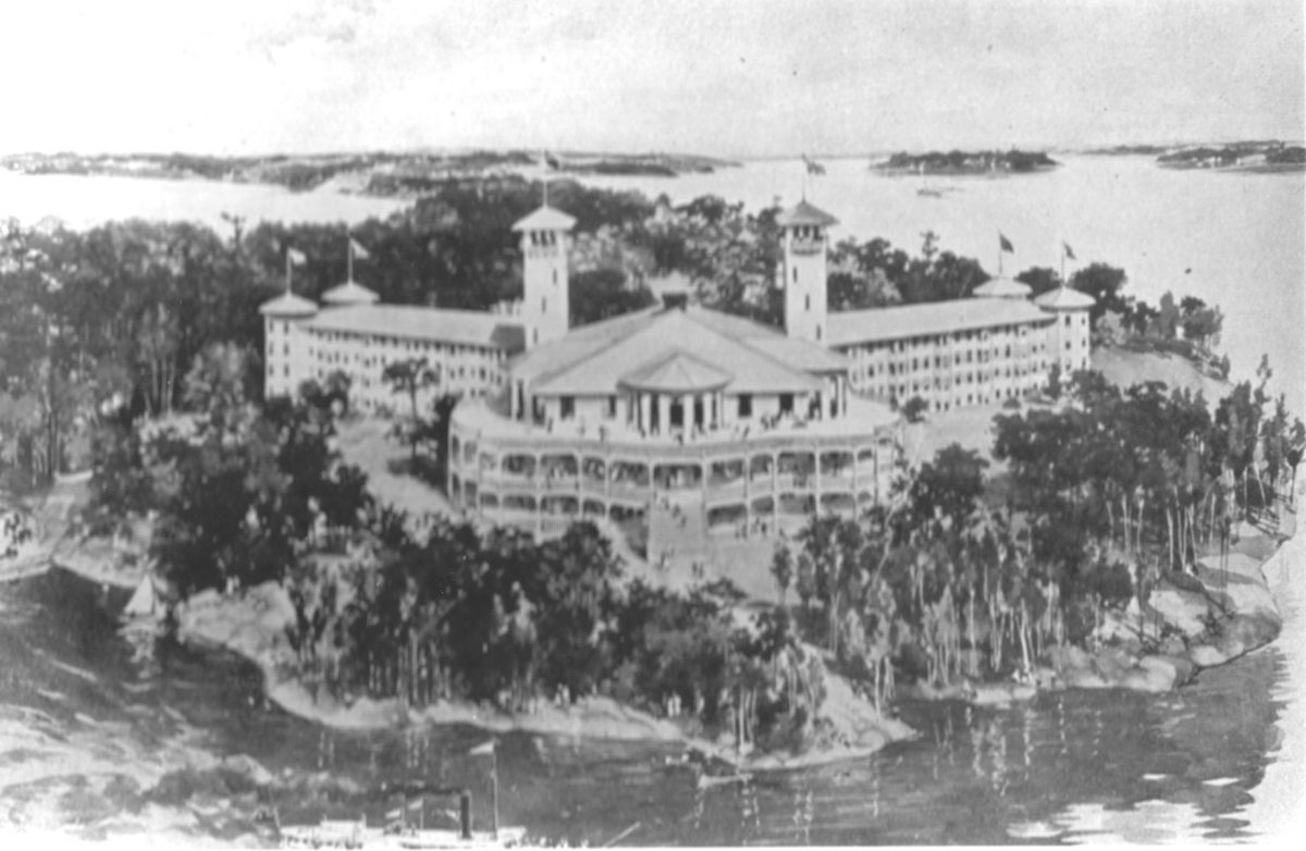 Historic picture of a large hotel on an island in Muskoka