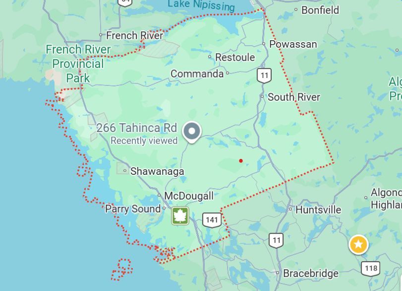 Google Map portion showing the boundaries of Parry Sound District
